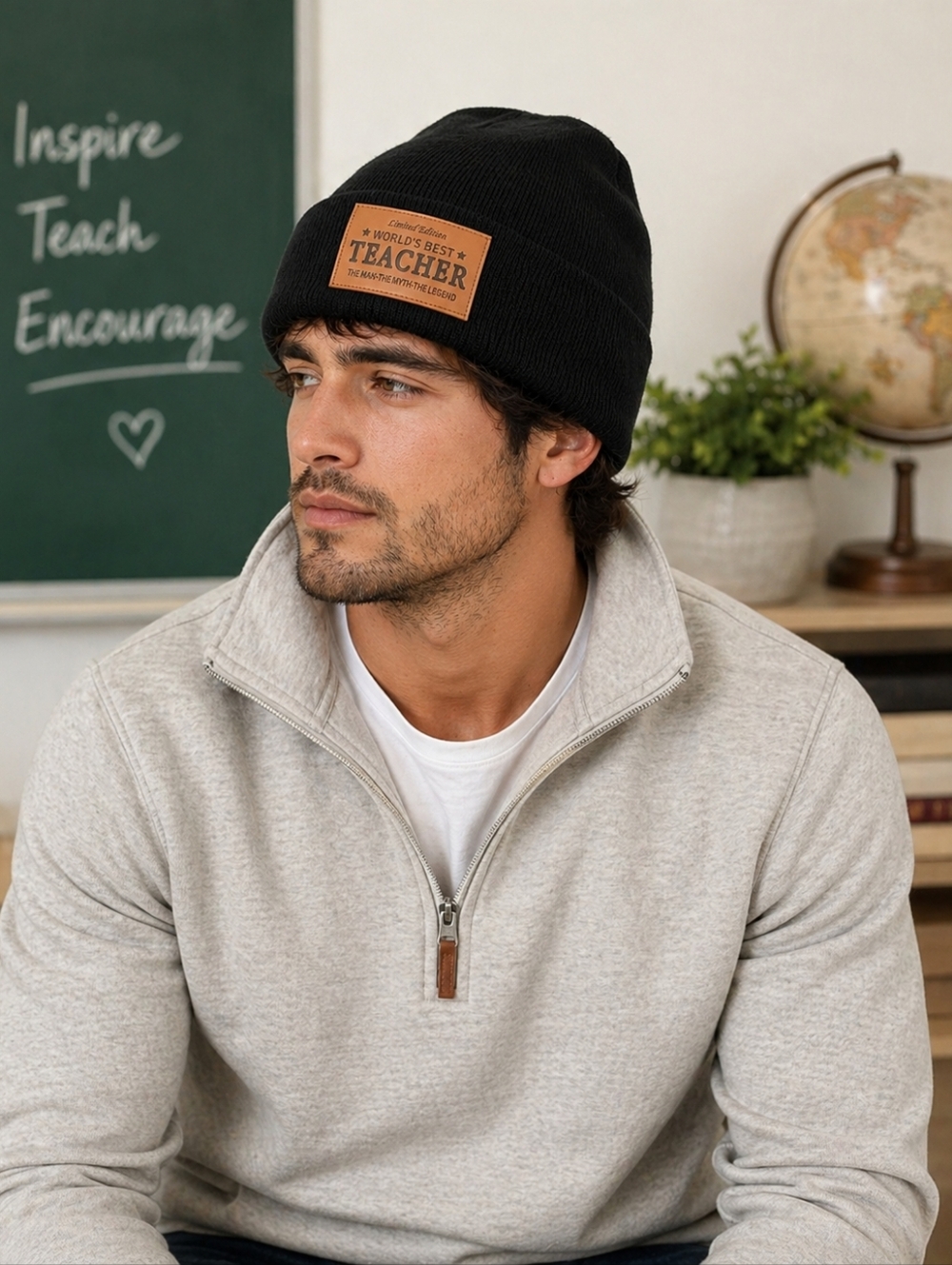 World’s Best Teacher Beanie Hat Black Knit Cuffed Winter Cap Gift Teacher Apprec